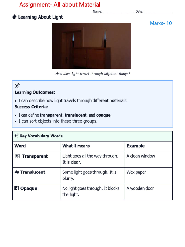 Light and Materials Transparent Translucent and Opaque- Practice ...