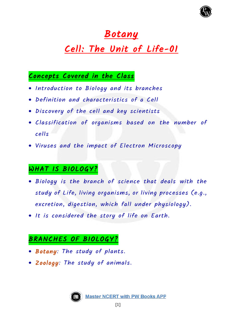 Cell - The Unit of Life 01 Lecture Concise Summary Notes Botany by ...