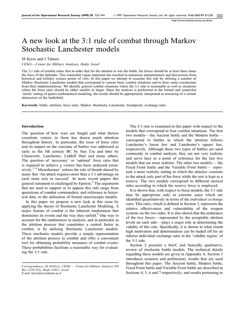 1999A New Look at the 3-1 Rule of Combat Through Markov Stochastic ...