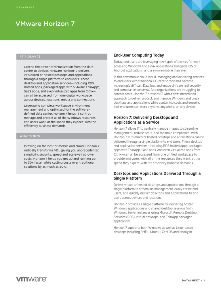 Vmware Horizon 7 Datasheet | PDF | Virtualization | Cloud Computing