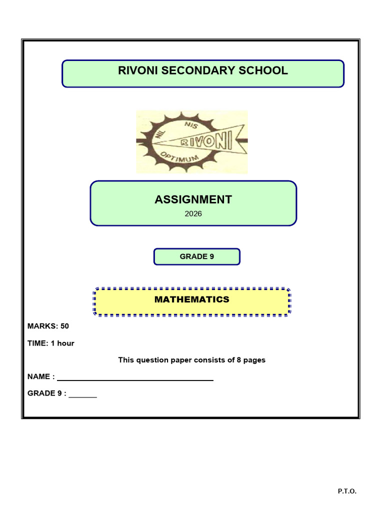 Grade 9 Common Assignment 2026 | PDF | Multiple Choice | Numbers