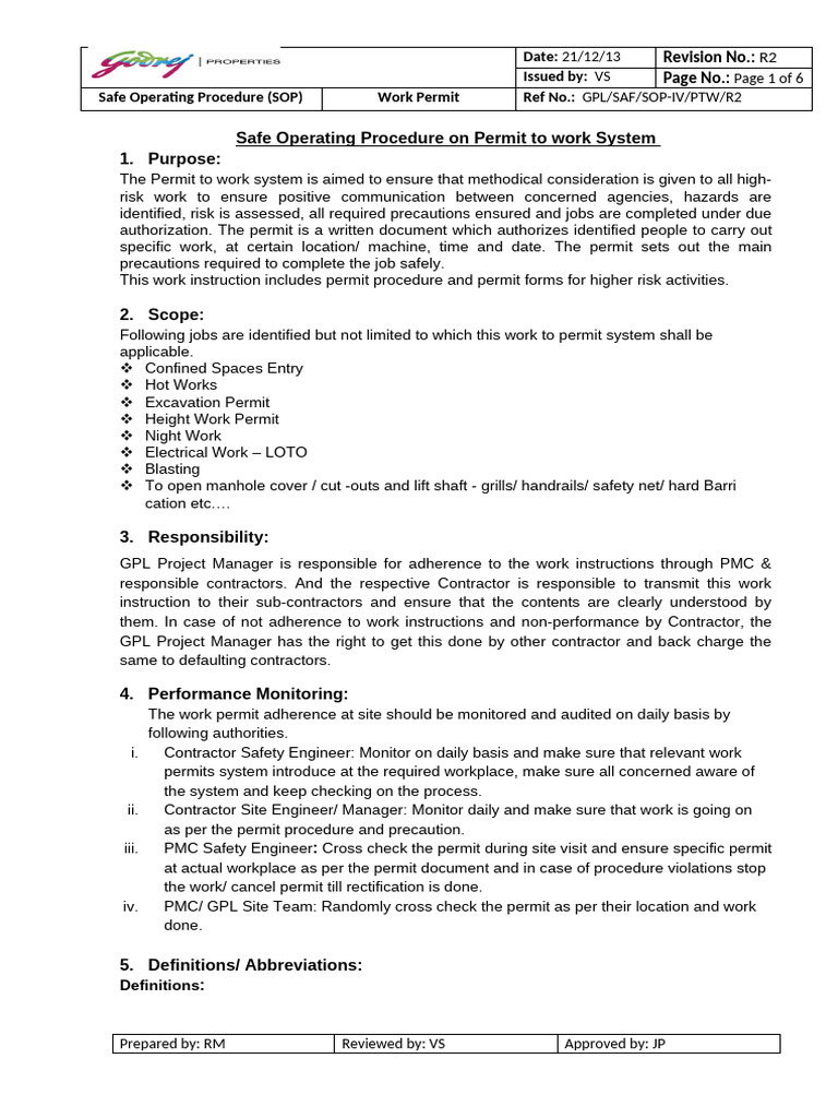 04- SOP On Permit to Work System | PDF | Labor Relations | Working ...