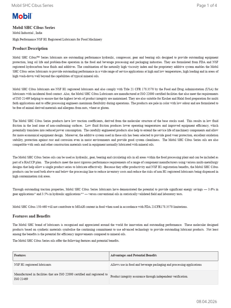 GL XX Mobil SHC Cibus Series | PDF | Lubricant | Exxon Mobil