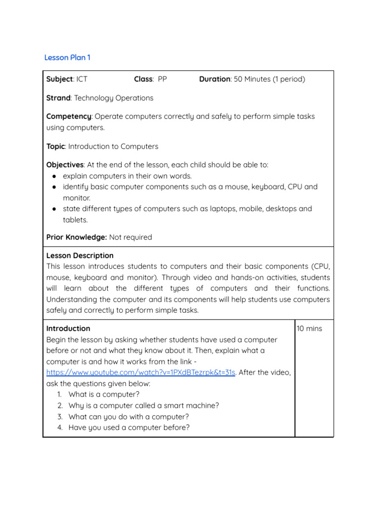 lesson plan Introduction to Computers | PDF | Desktop Computer ...
