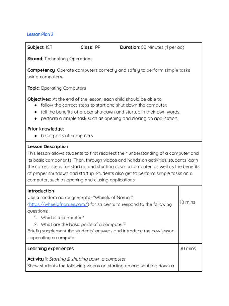 lesson plan Computer Operation | PDF | Cognition | Computing