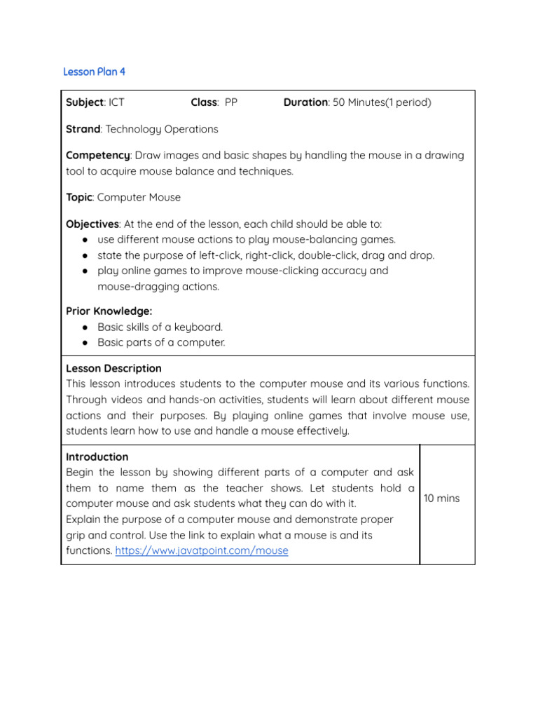 lesson plan Computer Mouse | PDF | Cursor (User Interface) | Computing