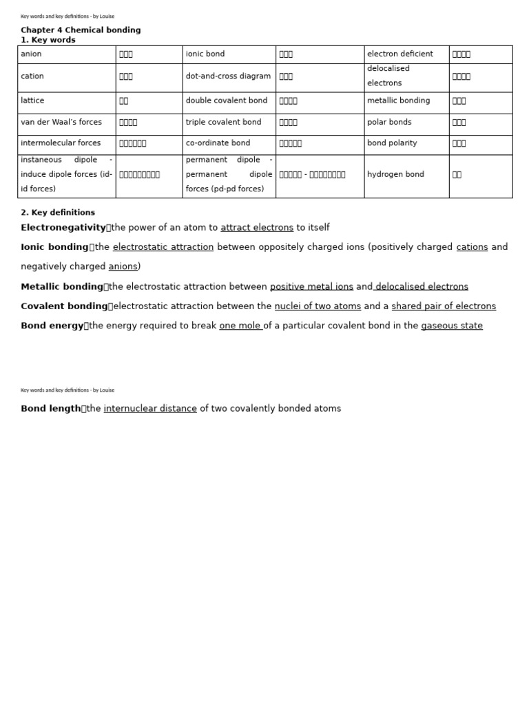 Key Words and Definitions - Chapter 4 Chemical Bonding | PDF