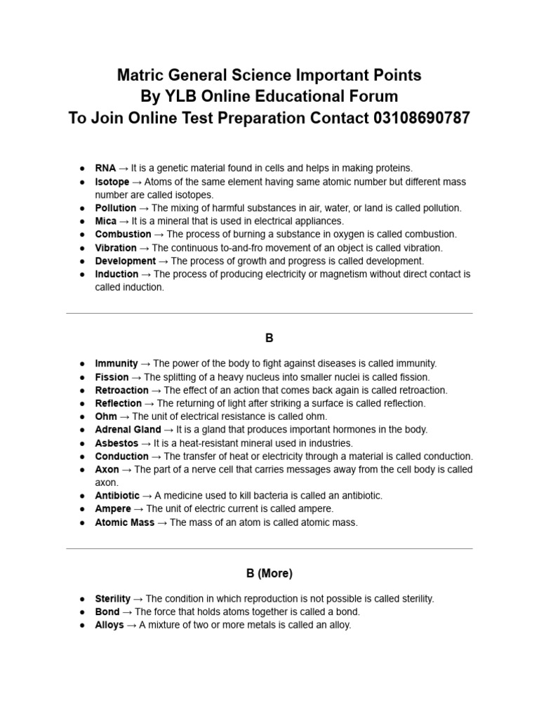 Matric General Science Important Points | PDF | Cell (Biology ...