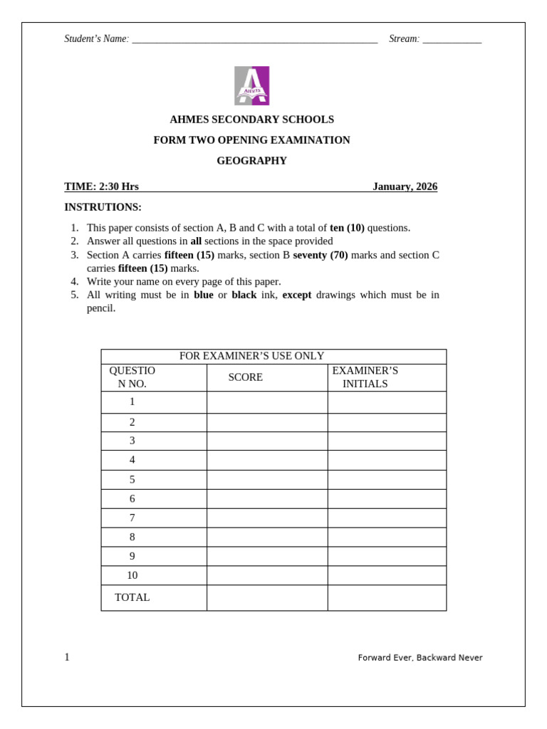 Form Two Geography 2026 | PDF | Geography | Latitude
