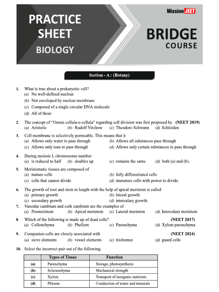 Practice Sheet_Biology_Bridge Course (F) | PDF