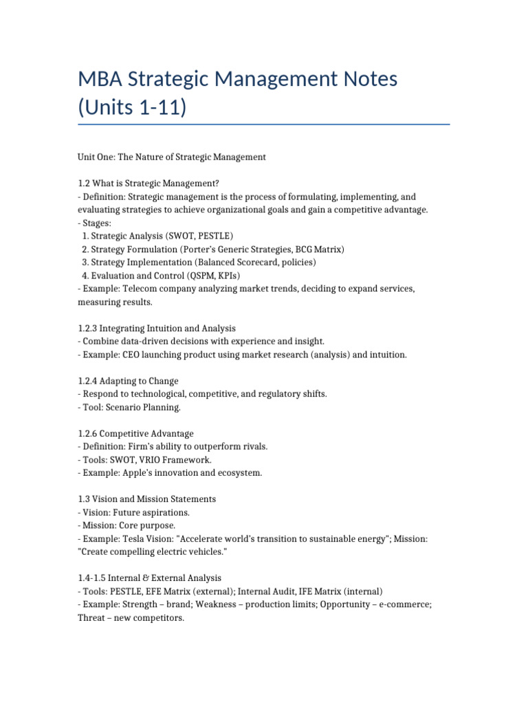 MBA Strategic Management Notes Units 1-11 (1) | PDF