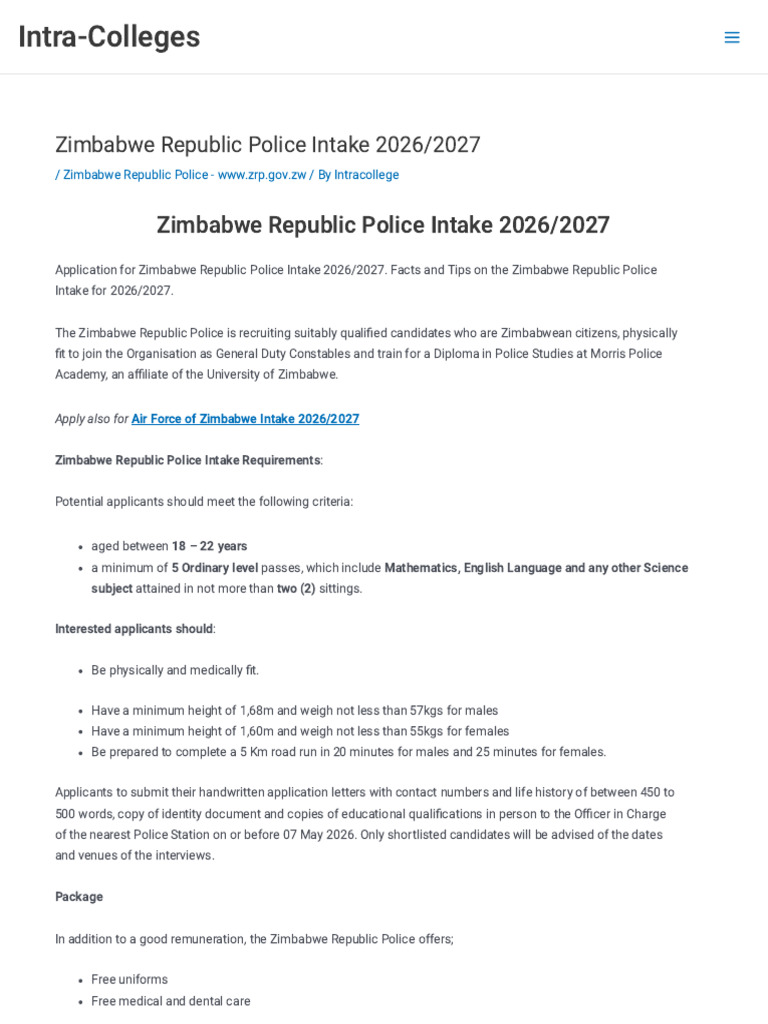 Zimbabwe Republic Police Intake 2026 - 2027 - Intra-Colleges | PDF ...