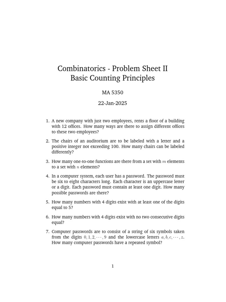2 Basic Counting Principles Problem Sheet | PDF