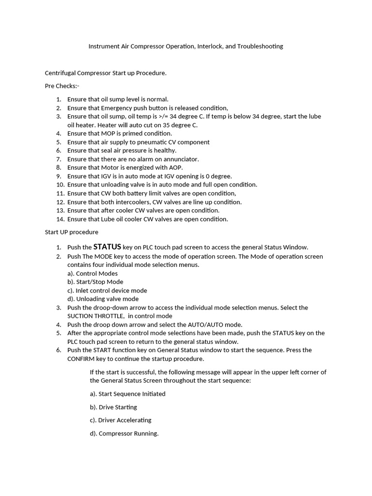 Instrument Air Compressor Operation | PDF | Valve | Gas Technologies