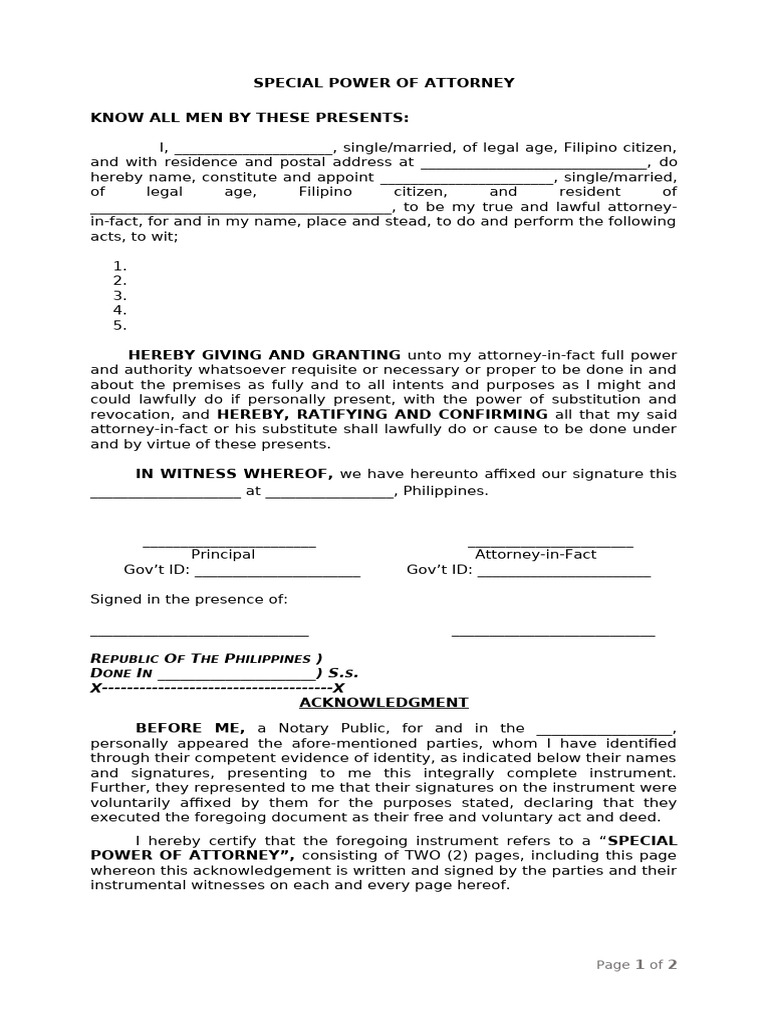 Sample Special Power of Attorney | PDF | Power Of Attorney | Justice