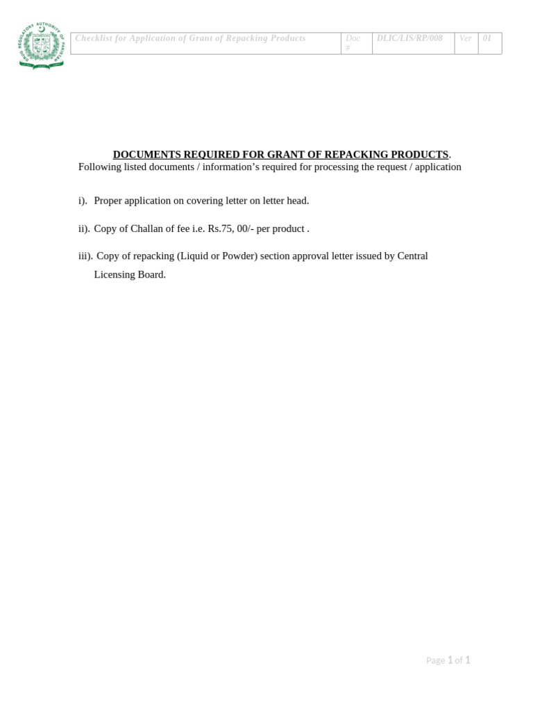 11. Checklist for Application of Grant of Repacking Products | PDF