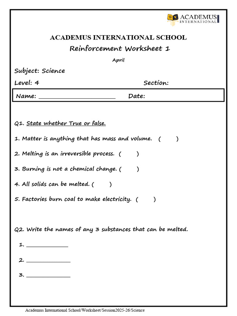 Science Reinforcement Worksheet 1 | PDF