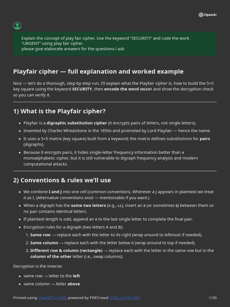 Playfair Cipher — Full Explanation and Worked Example | PDF | Public ...