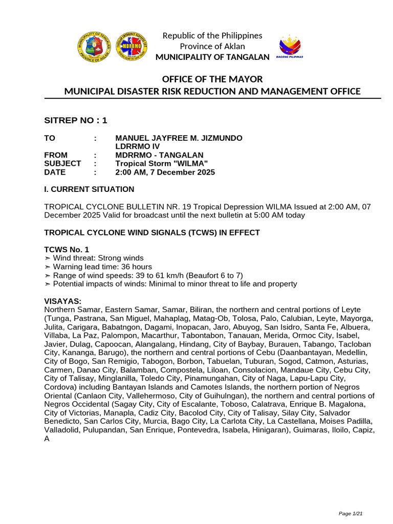 Tangalan Sitrep 001 Ts Wilma Dec 7 2025 | PDF | Natural Disasters ...