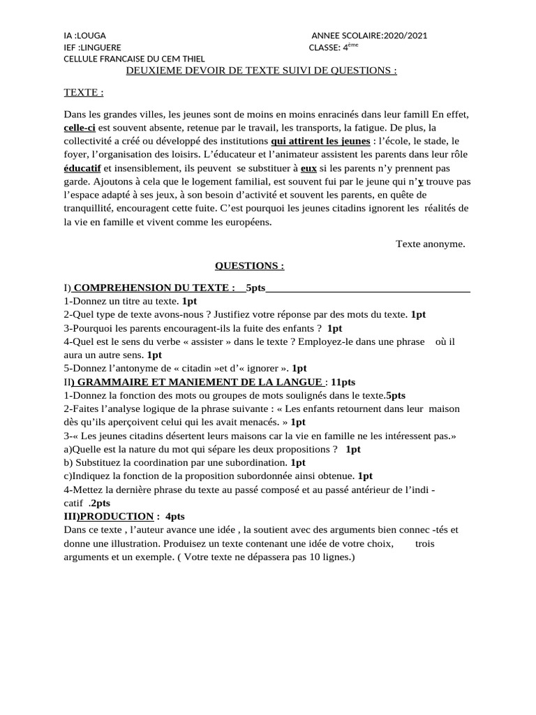 DEVOIR TSQ 4éme M.NDOUR - 1624808291000 | PDF | Mécanique du langage ...