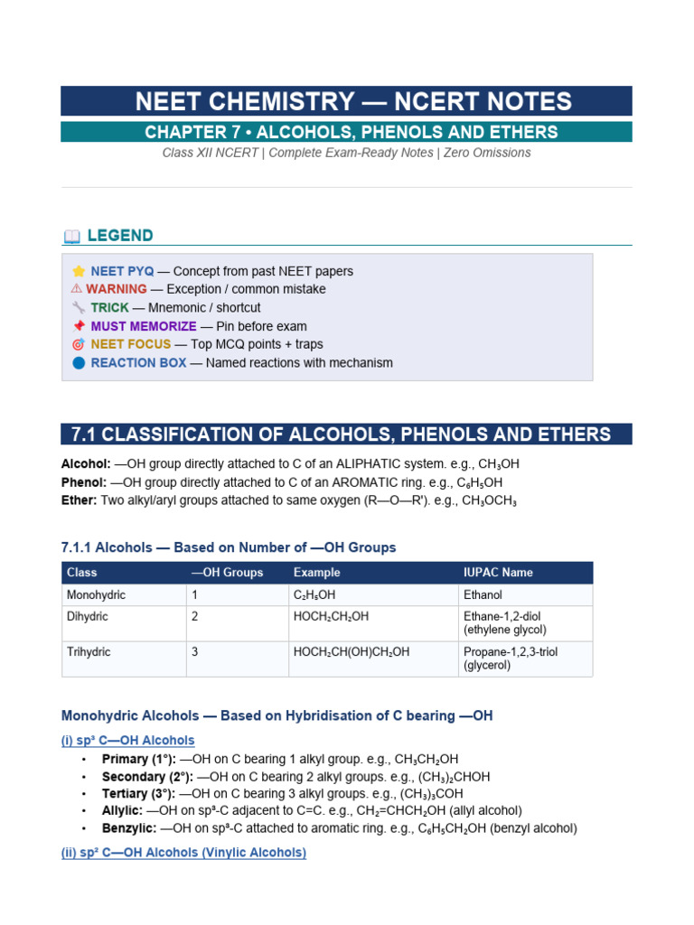 NEET AlcoholsPhenolsEthers Chapter7 Notes | PDF | Ether | Aldehyde