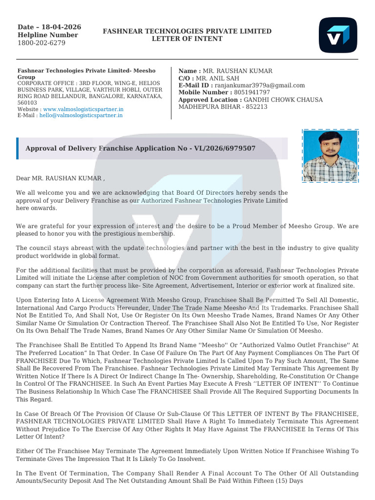 Mr. Raushan Kumar _approval_letter | PDF | Franchising | Common Law