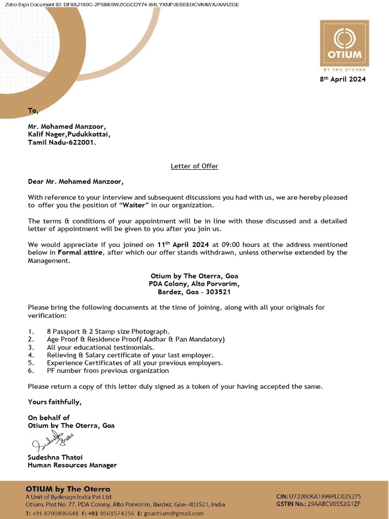 Offer Letter - Otium Goa Mohamed Manzoor | PDF