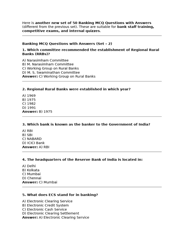 Here is Another New Set of 50 Banking MCQ Questions With Answers | PDF ...