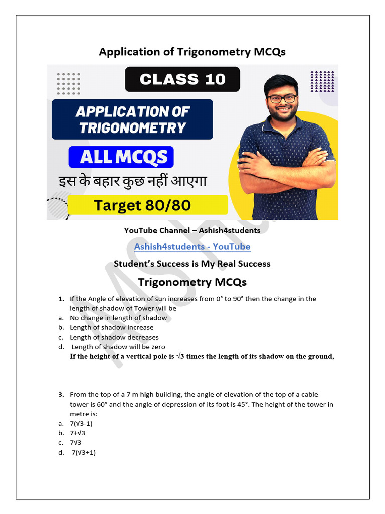 9.application of Trigonometry MCQs | PDF | Angle | Length