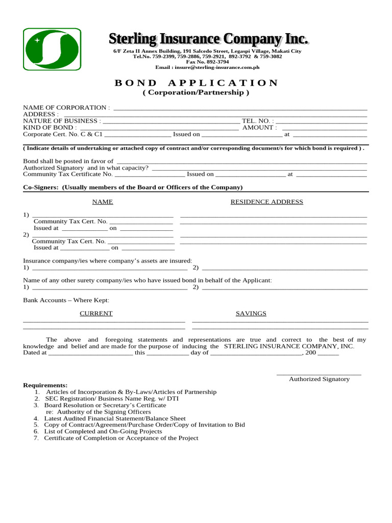 Bond Application Form (Corporation or Partnership) (1) | PDF | Business ...