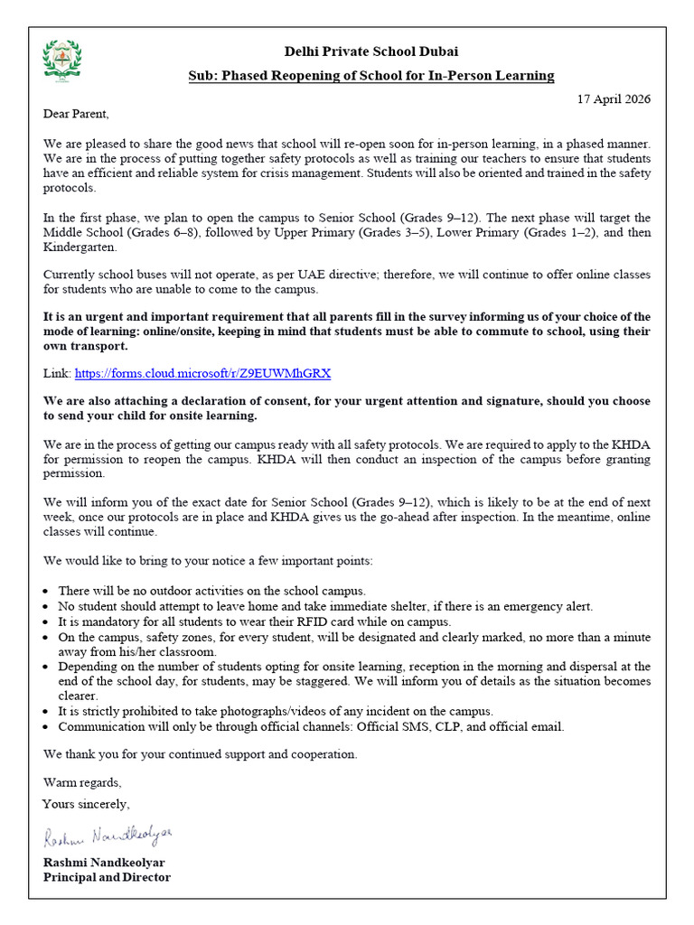 Letter to Parents & Declaration Letter - Phased Reopening of School ...