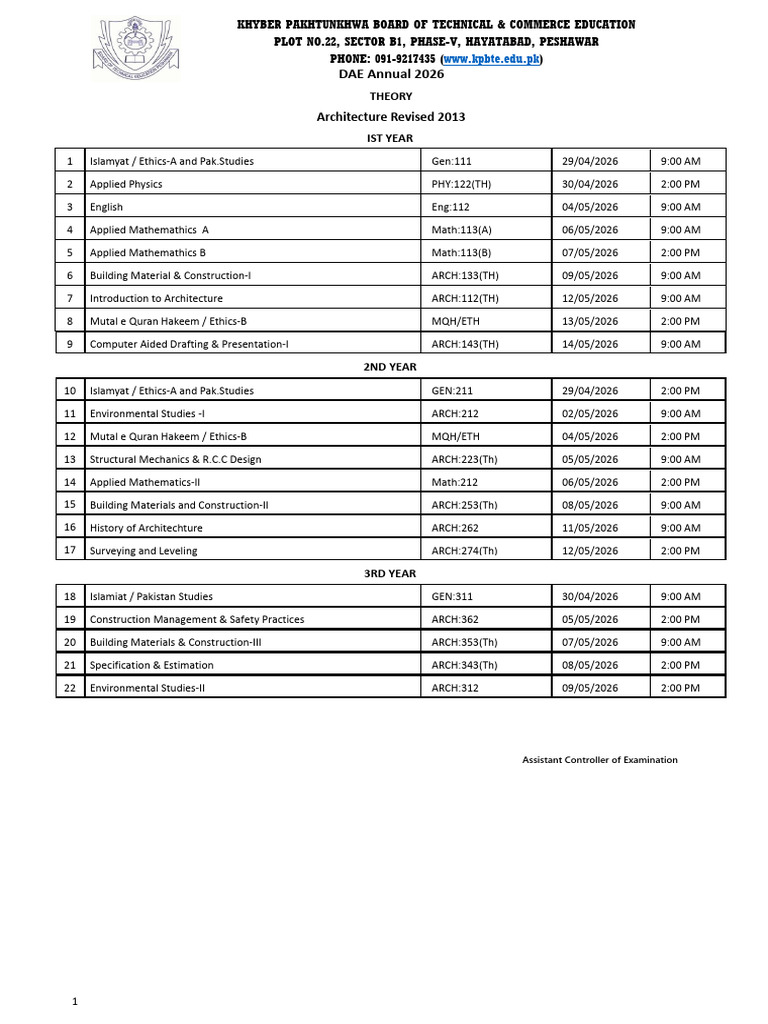 DAE Annual 2026 Date Sheet | PDF | Mathematics | Engineering