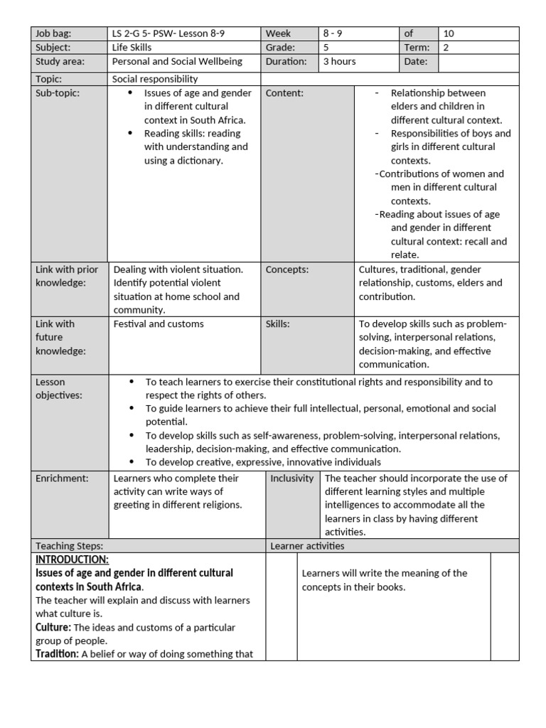 LS2 G5 PSW Lesson 8-9 | PDF | Learning | Family