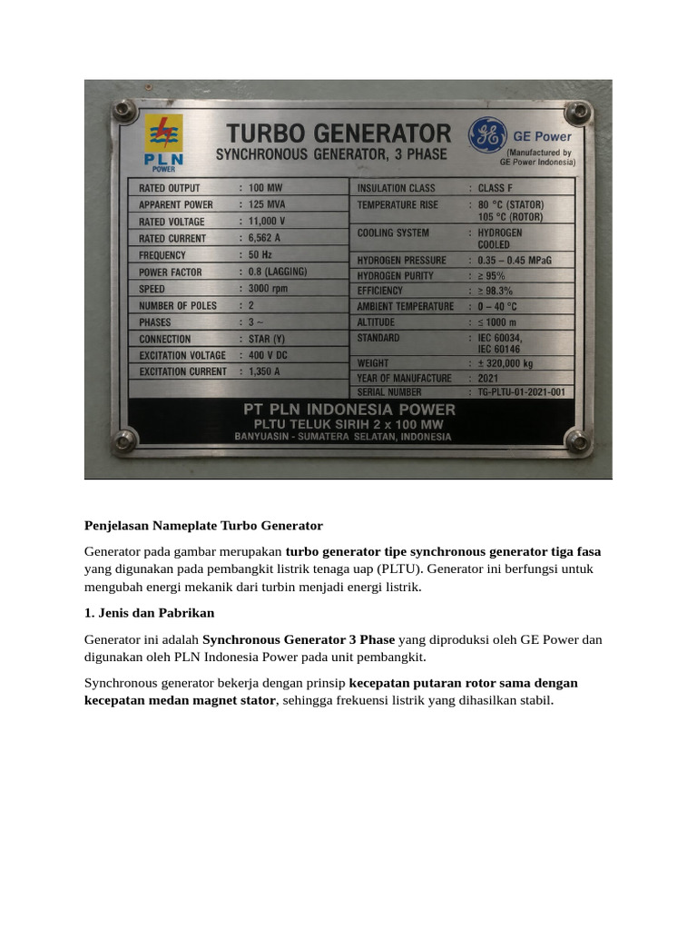 Penjelasan Nameplate Turbo Generator | PDF