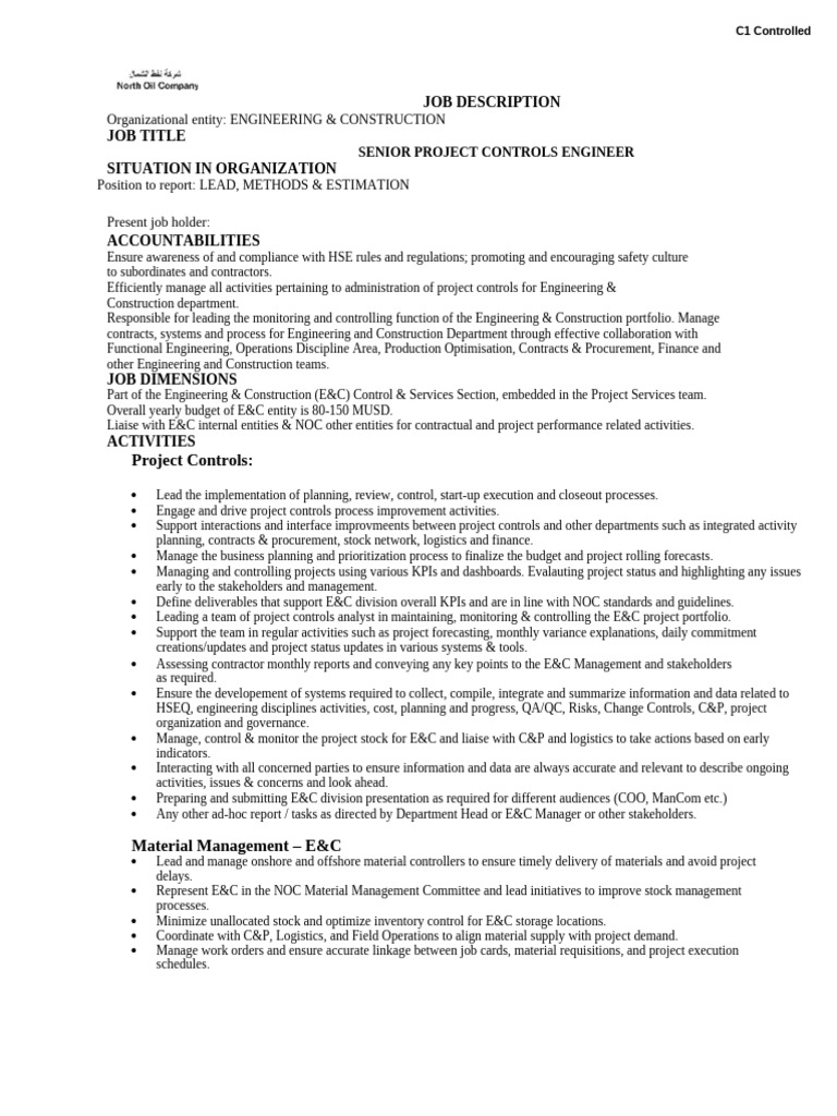 1. JD Senior Project Controls Engineer (2) | PDF | Logistics | Business