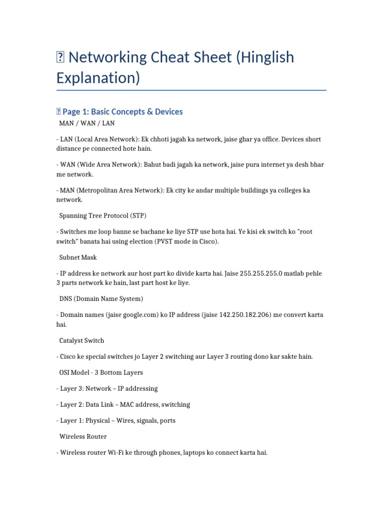 Networking Cheat Sheet Hinglish | PDF