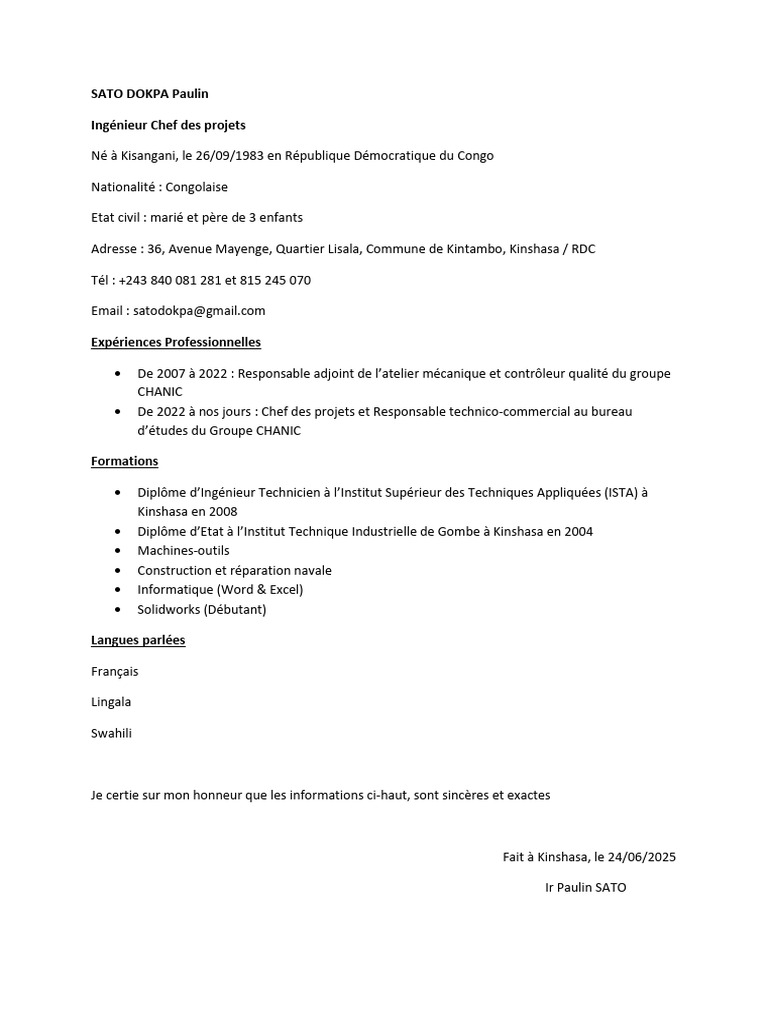 CV Paulin Sato Chef D'atelier Kin | PDF