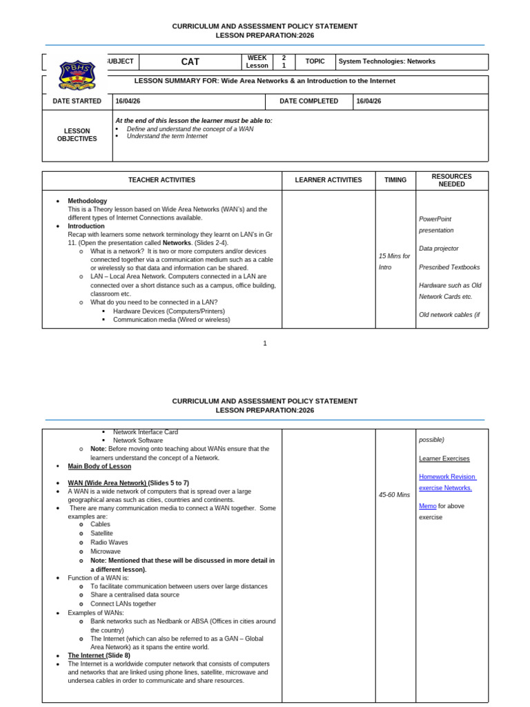 Term2 Wk 1 Lesson 1 Network Technologies -WAN | PDF | Computer Network ...
