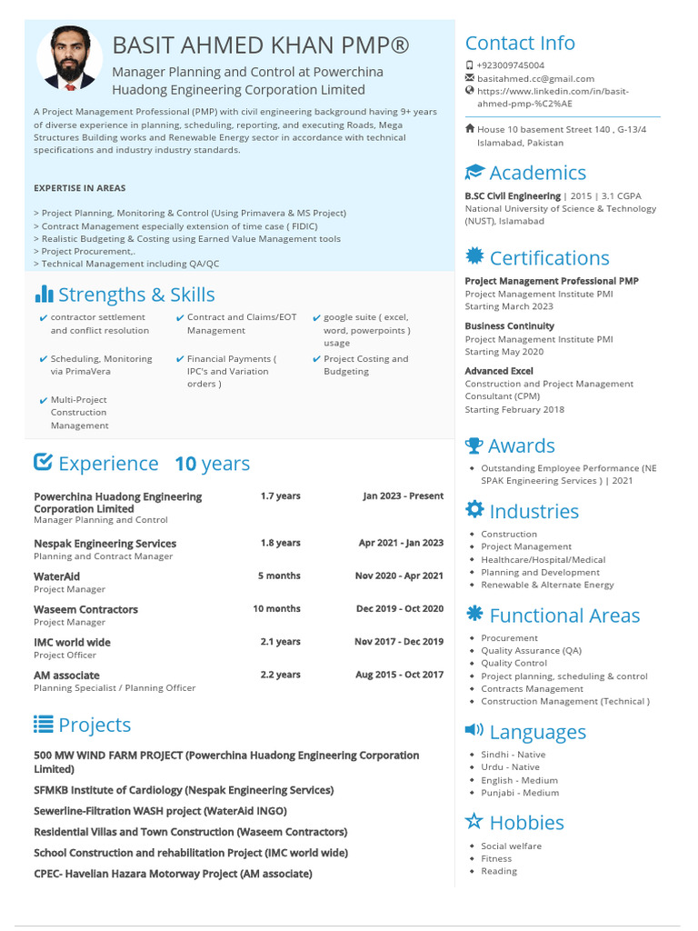 Basit Ahmed Khan Pmp-planning Manager Cv | PDF | Project Management ...