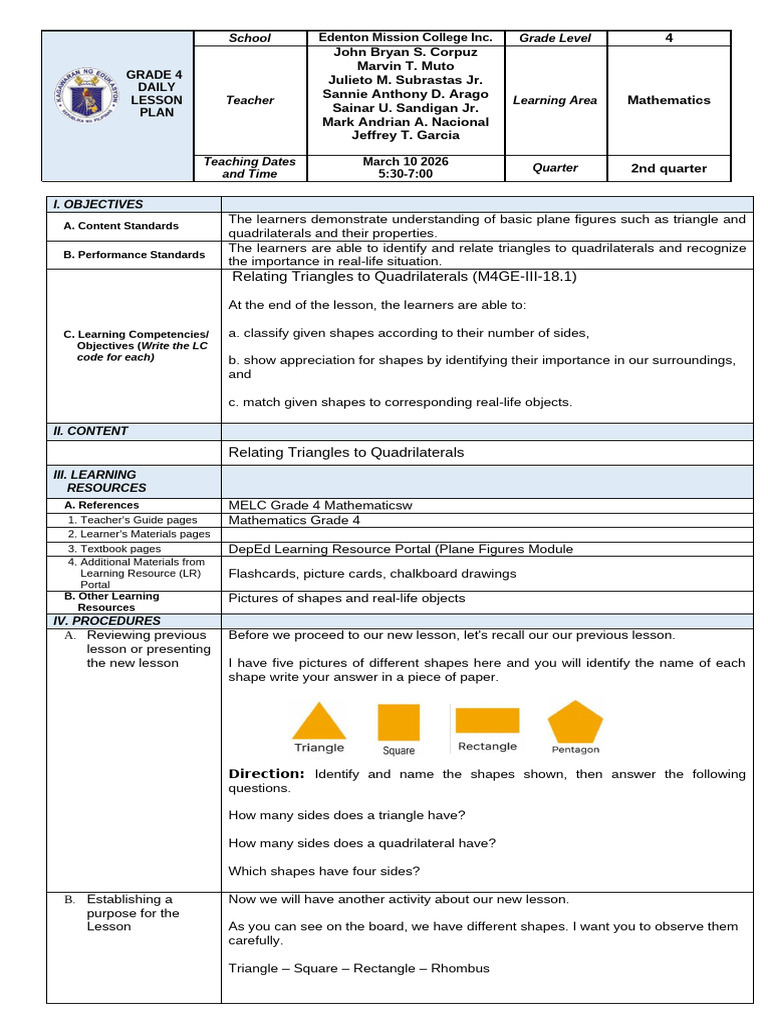 Daily Lesson Plan GEOMETRY | PDF | Shape | Rectangle