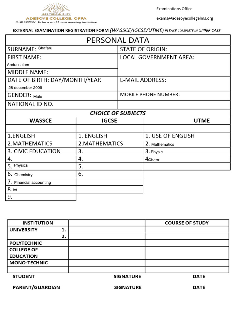 2026 Wassce Igcse Utme (Jamb) Registration Form | PDF