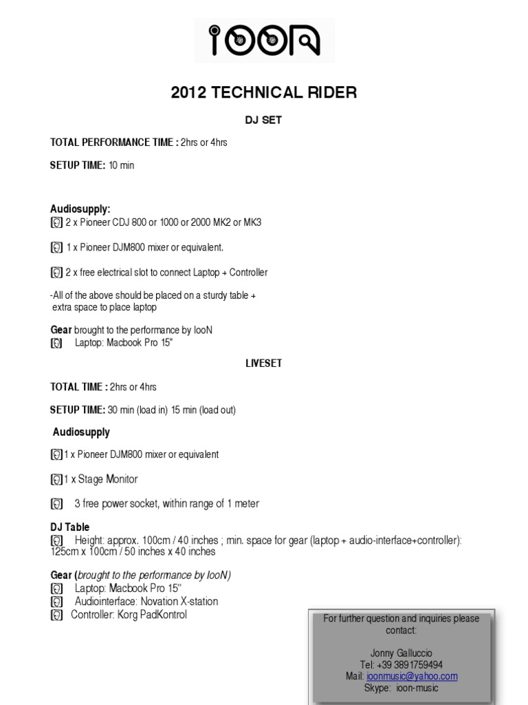 2012 DJ Set Technical Rider | PDF | Games & Activities | Computers