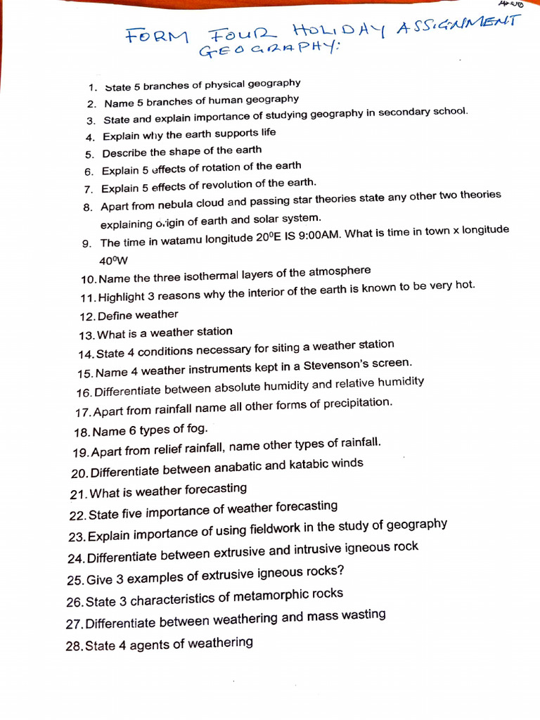 Geography Form 4 Holiday Assignment Assignment - Form 4 - Geography ...