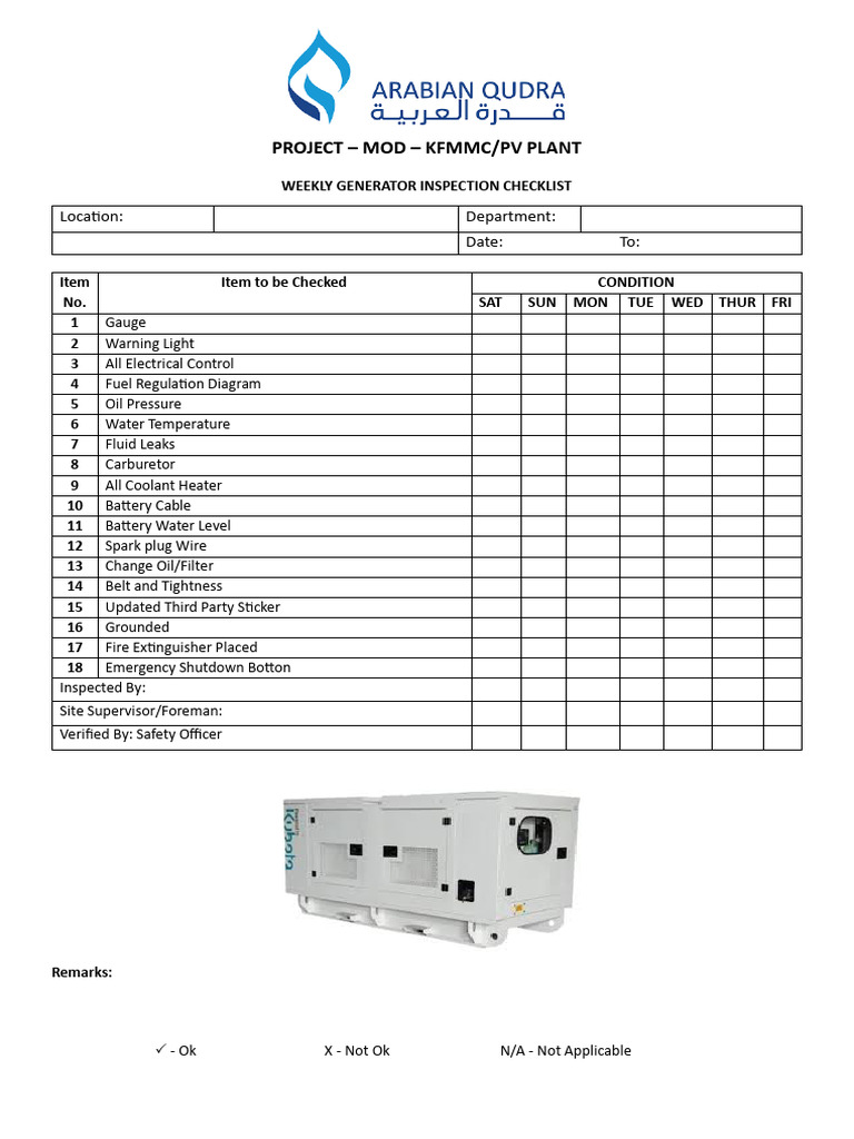 9. Weekly Generator Inspection Checklist | PDF