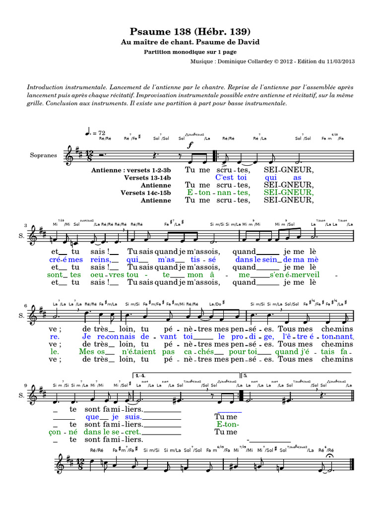 Psaume 138 (Hebr. 139) - Partition DC Monodique Aur 1 Page | PDF ...