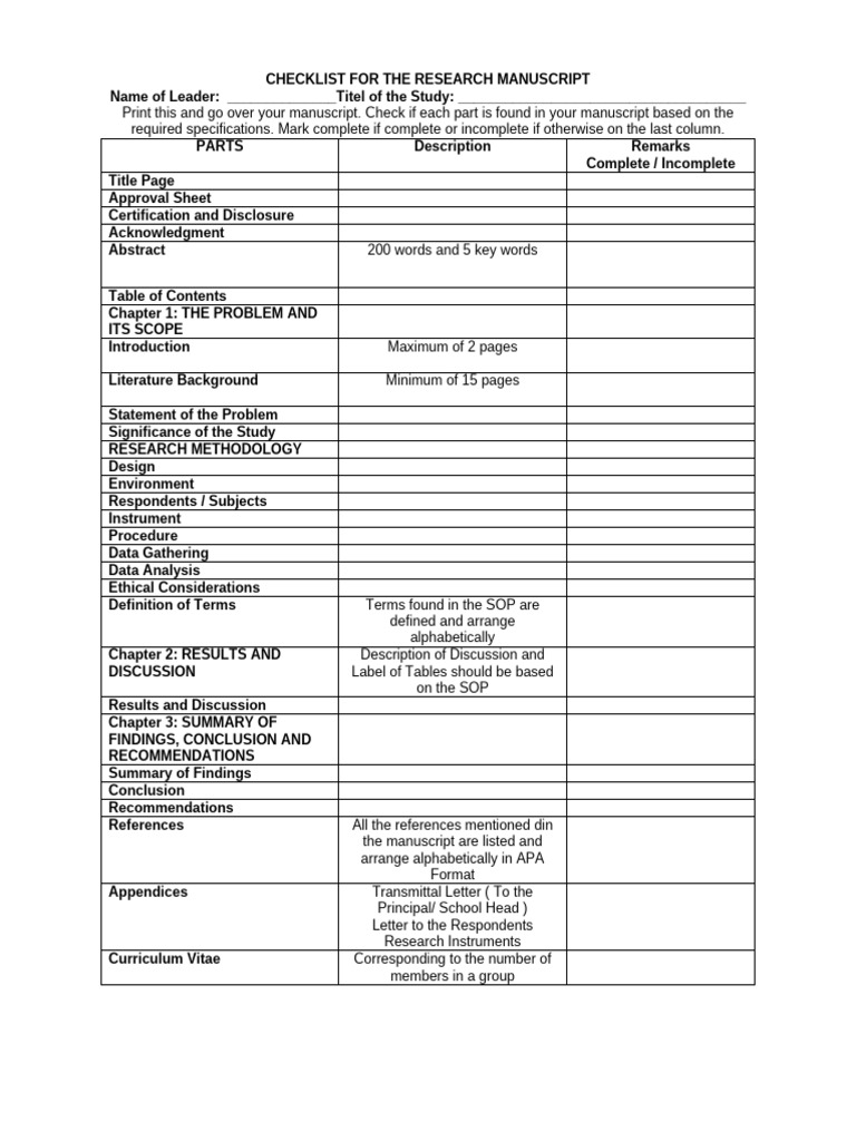 Checklist for the Research Manuscript | PDF