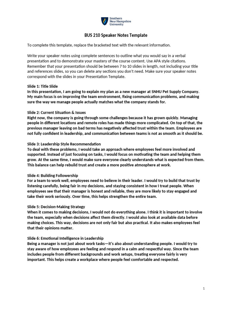 BUS 210 Speaker Notes Template | PDF | Leadership | Communication