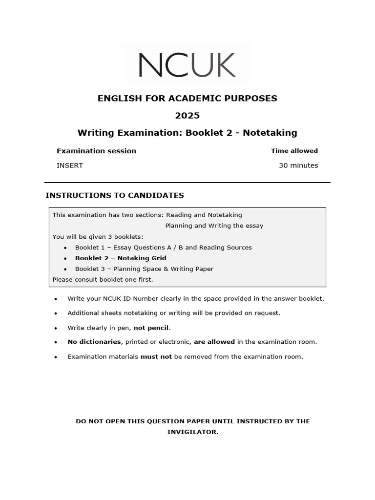EAP Writing Exam Exemplar Booklet 2 - Notetaking (1) | PDF