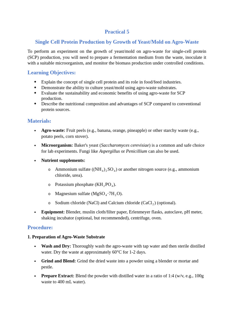 Practical 5 Single Cell Protein Production Final (Lab) | PDF | Yeast ...