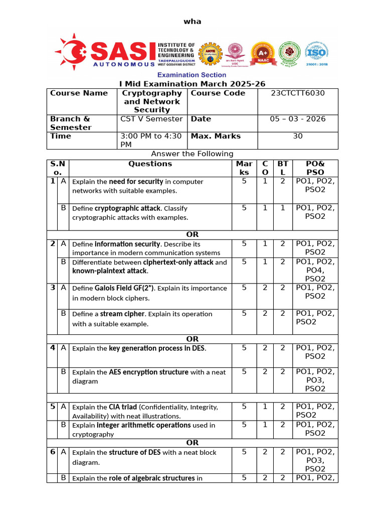 Cst Cns Mid-1 Exam-qp Site23 Set 1 | PDF | Cryptography | Encryption